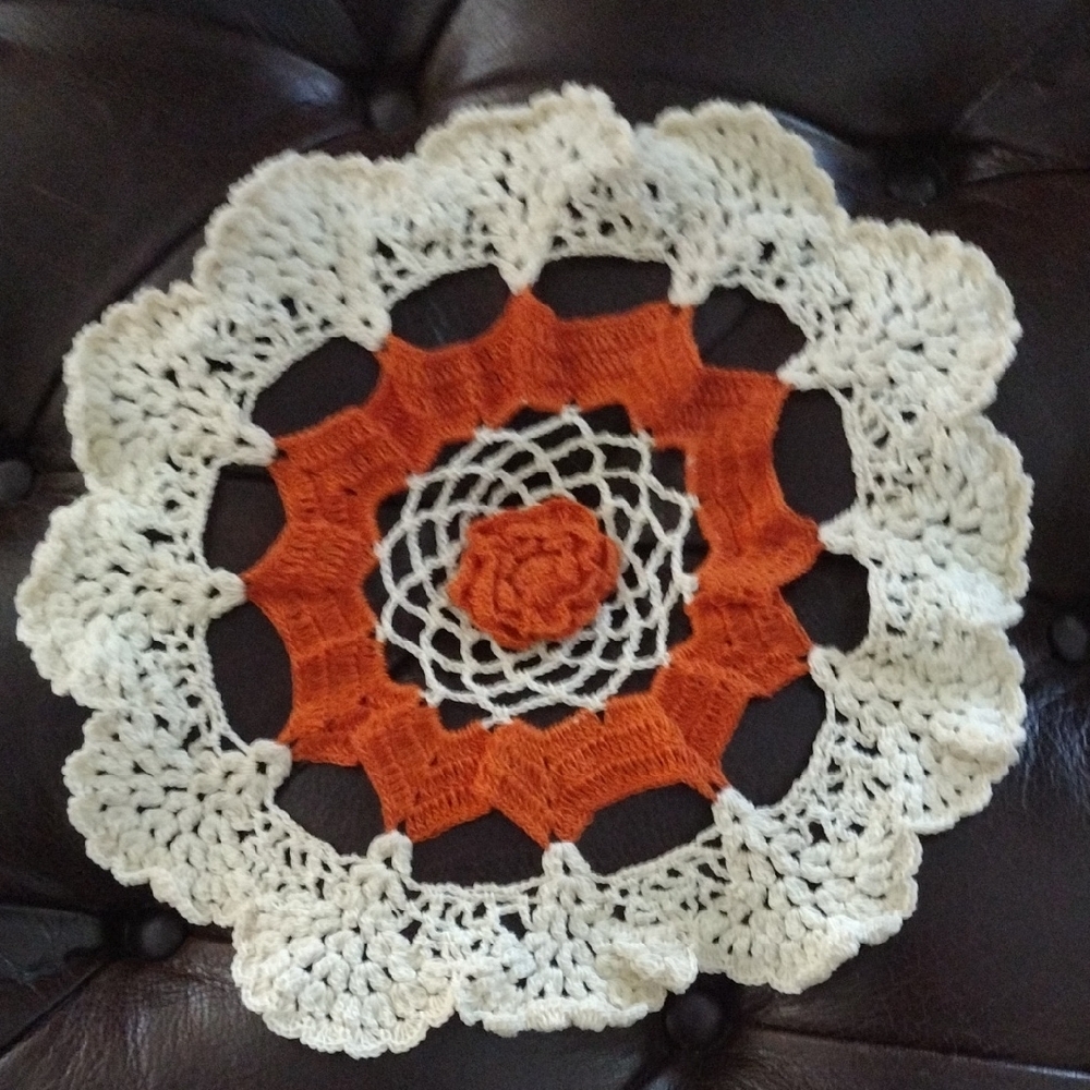 Handmade Crochet Doily in Orange and Cream